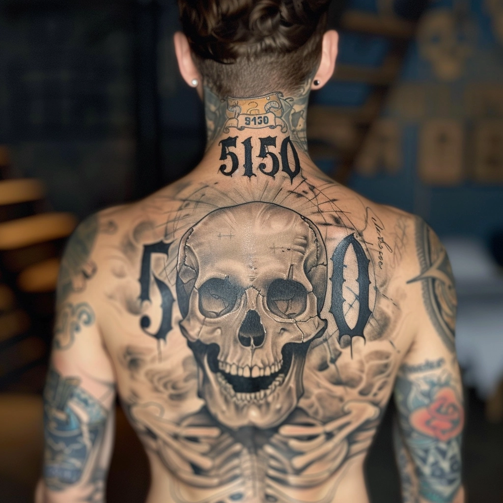 number 5150 tattoed on back